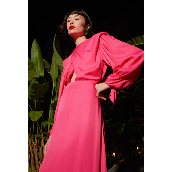 NEW Farm Rio Shoulder Pads Maxi Dress Open Back Viscose Pink Women's Size Medium - Picture 4 of 13